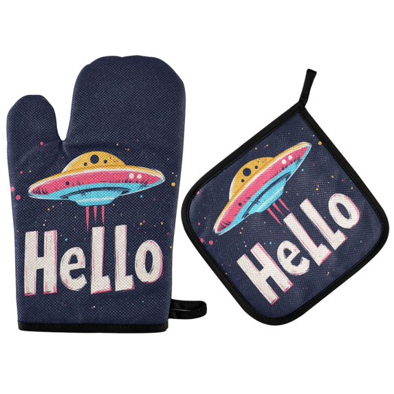 Yayeee Oven Mitts and Pot Holder Set of 4 Heat Resistant Kitchen Gloves Baking Hot Pad, Colorful UFO