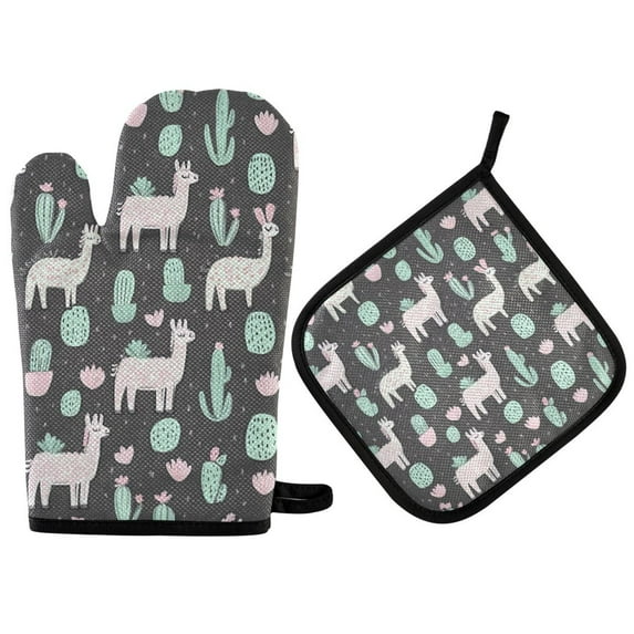 Yayeee Oven Mitts and Pot Holder Set of 4 Heat Resistant Kitchen Gloves Baking Hot Pad, Cute Llamas Pattern