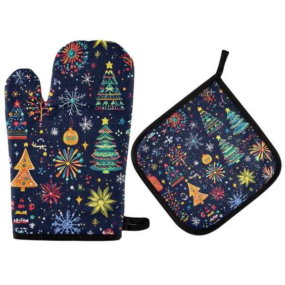 Yayeee Oven Mitts and Pot Holder Set of 4 Heat Resistant Kitchen Gloves Baking Hot Pad, Dark Blue Christmas