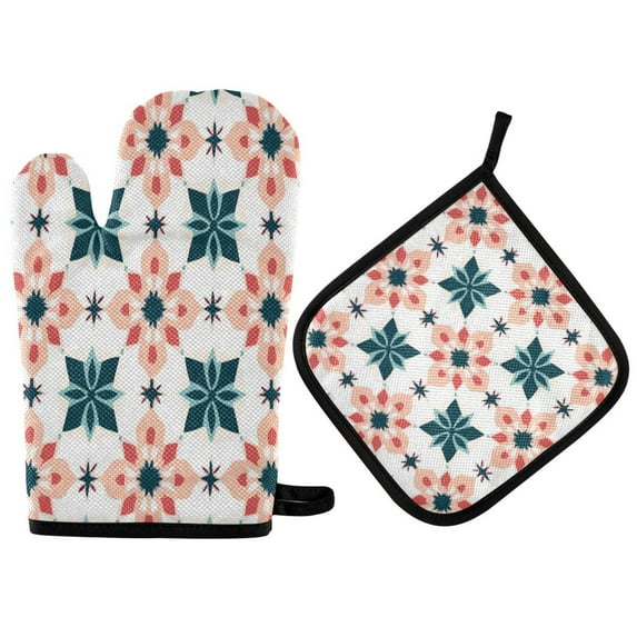 Yayeee Oven Mitts and Pot Holder Set of 4 Heat Resistant Kitchen Gloves Baking Hot Pad, Flowers Geometric Pattern