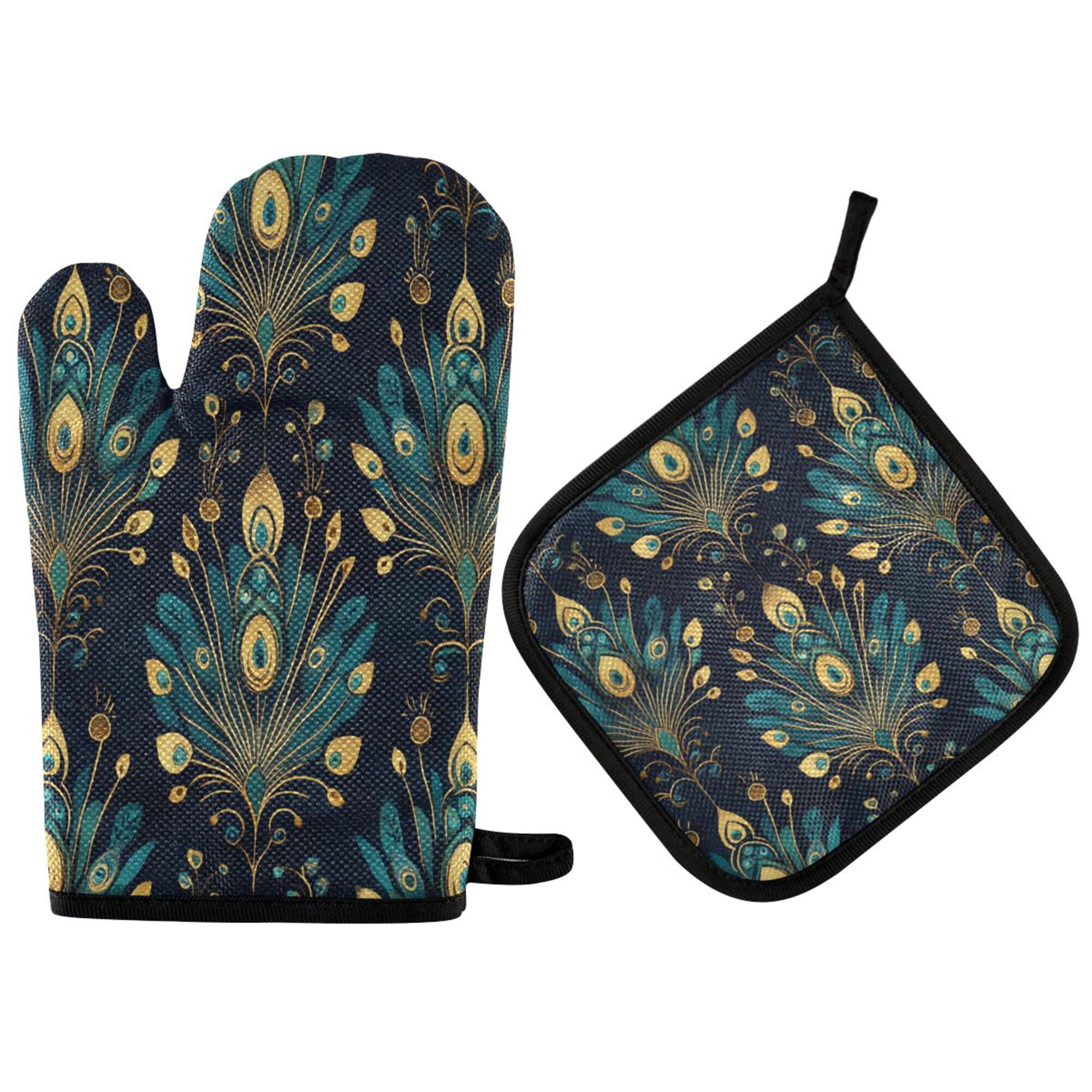Yayeee Oven Mitts and Pot Holder Set of 4 Heat Resistant Kitchen Gloves Baking Hot Pad, Gold Peacock Pattern