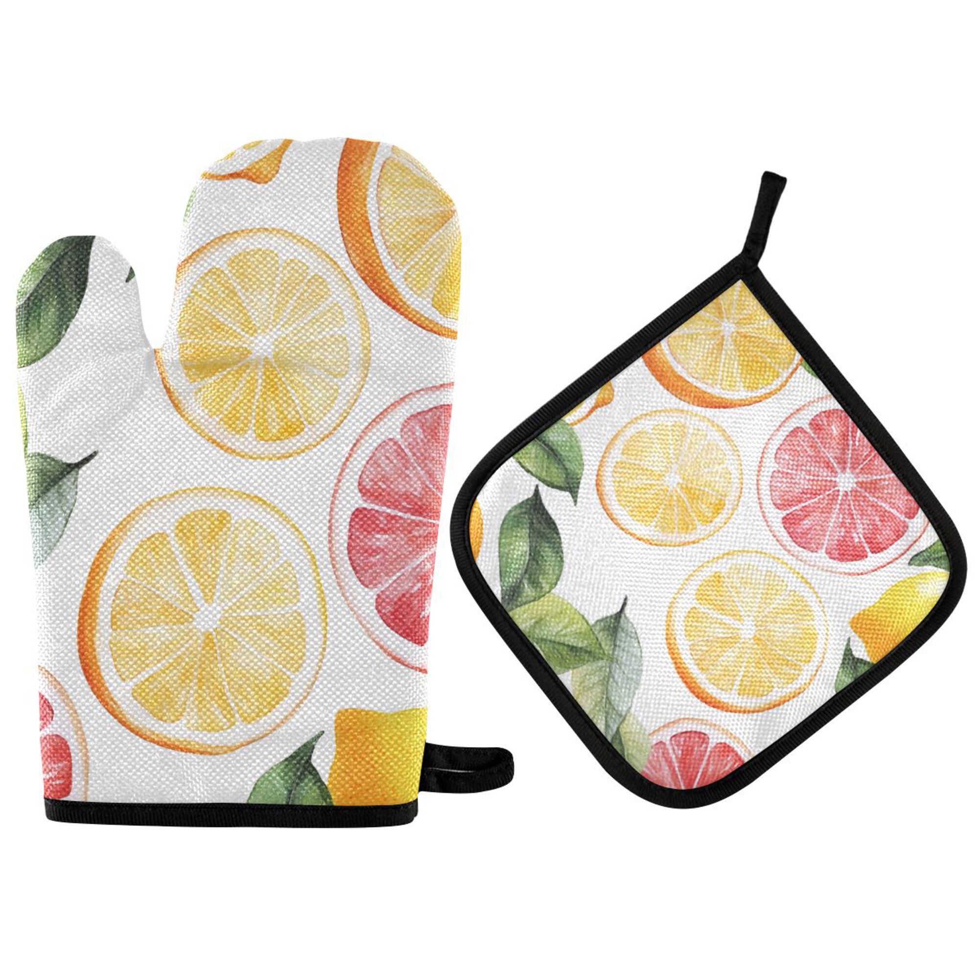 Yayeee Oven Mitts and Pot Holder Set of 4 Heat Resistant Kitchen Gloves Baking Hot Pad, Grapefruit Slices