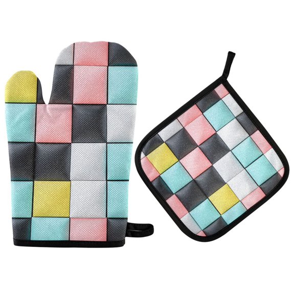Yayeee Oven Mitts and Pot Holder Set of 4 Heat Resistant Kitchen Gloves Baking Hot Pad, Gray Checkered Pattern
