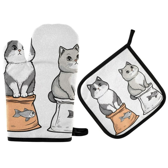 Yayeee Oven Mitts and Pot Holder Set of 4 Heat Resistant Kitchen Gloves Baking Hot Pad, Gray Cute Chubby Cat