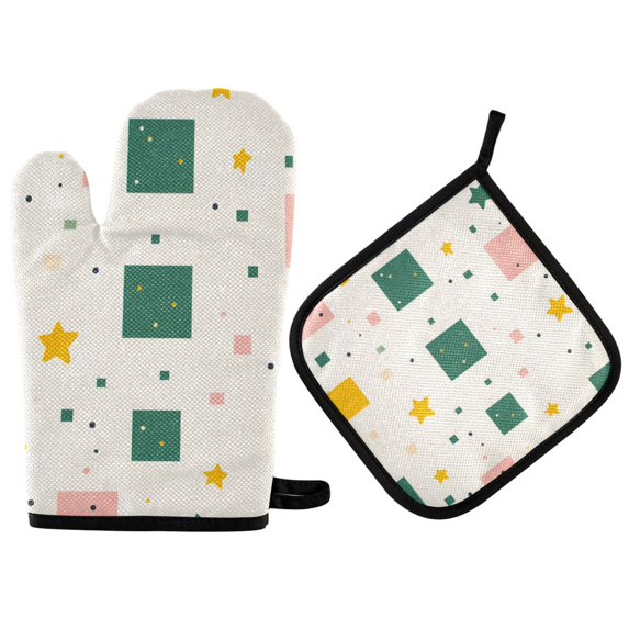 Yayeee Oven Mitts and Pot Holder Set of 4 Heat Resistant Kitchen Gloves Baking Hot Pad, Green Abstract Pattern