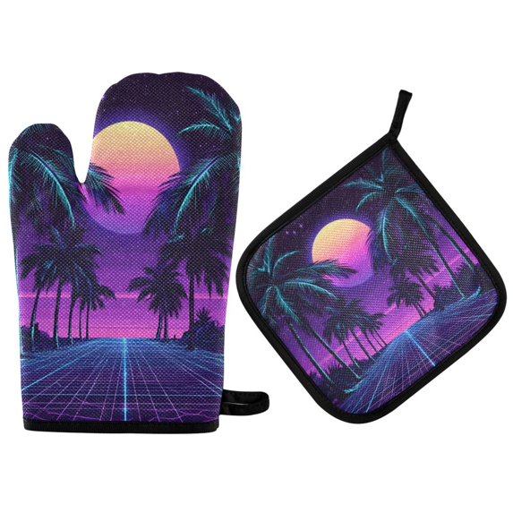 Yayeee Oven Mitts and Pot Holder Set of 4 Heat Resistant Kitchen Gloves Baking Hot Pad, Green Digital Art