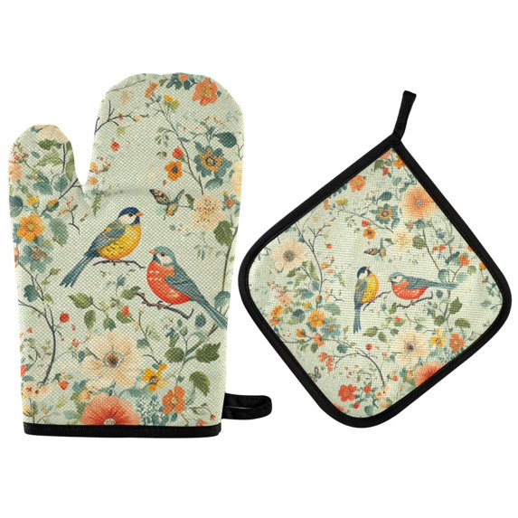 Yayeee Oven Mitts and Pot Holder Set of 4 Heat Resistant Kitchen Gloves Baking Hot Pad, Green Floral Pattern