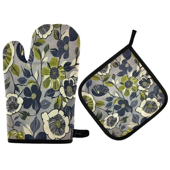 Yayeee Oven Mitts and Pot Holder Set of 4 Heat Resistant Kitchen Gloves Baking Hot Pad, Green Floral