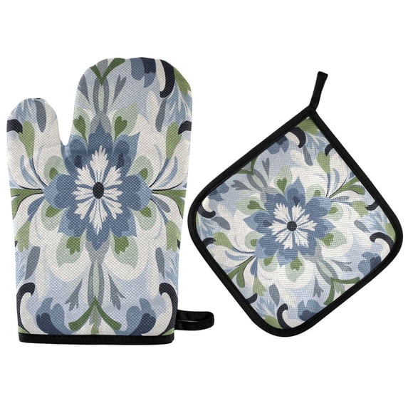 Yayeee Oven Mitts and Pot Holder Set of 4 Heat Resistant Kitchen Gloves Baking Hot Pad, Green Floral