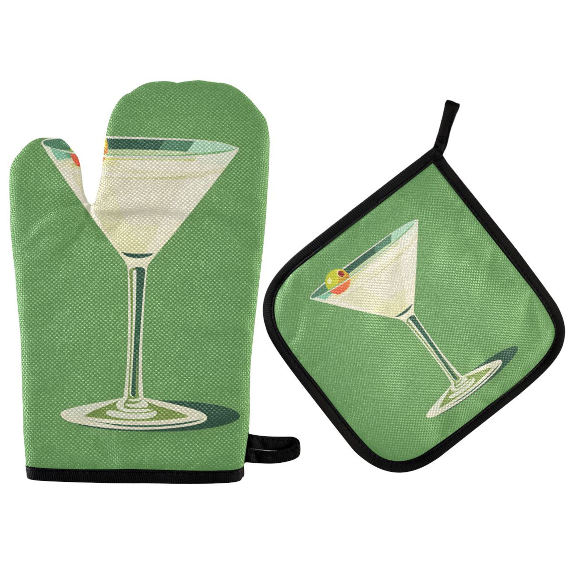 Yayeee Oven Mitts and Pot Holder Set of 4 Heat Resistant Kitchen Gloves Baking Hot Pad, Green Lemon Juice