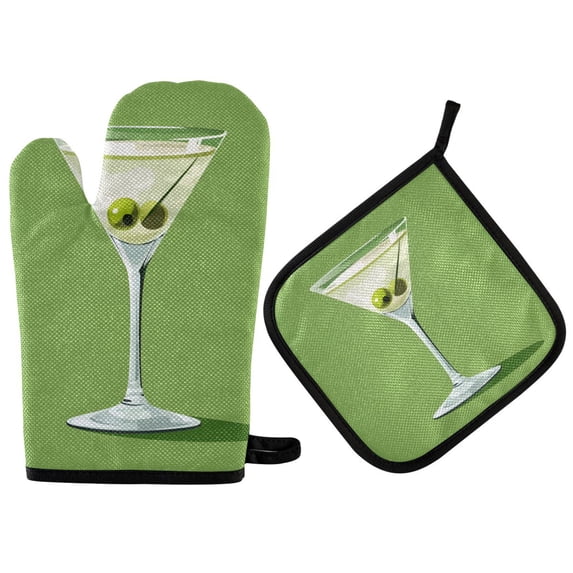 Yayeee Oven Mitts and Pot Holder Set of 4 Heat Resistant Kitchen Gloves Baking Hot Pad, Green Martini Glass