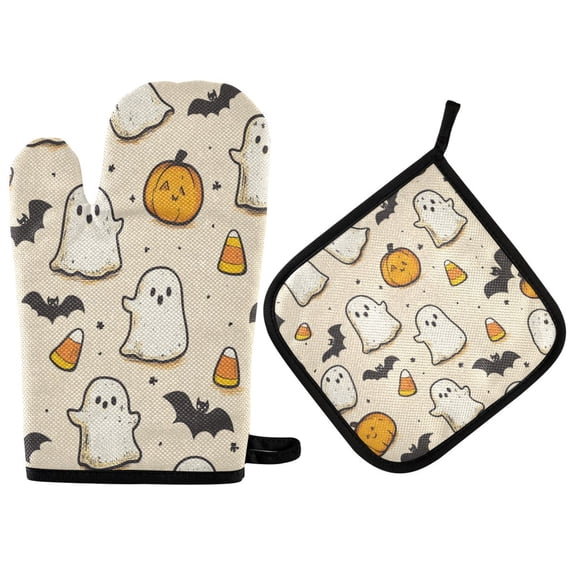 Yayeee Oven Mitts and Pot Holder Set of 4 Heat Resistant Kitchen Gloves Baking Hot Pad, Halloween Cute Ghosts