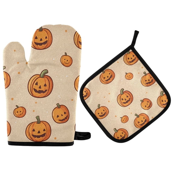 Yayeee Oven Mitts and Pot Holder Set of 4 Heat Resistant Kitchen Gloves Baking Hot Pad, Halloween Pumpkins Pattern