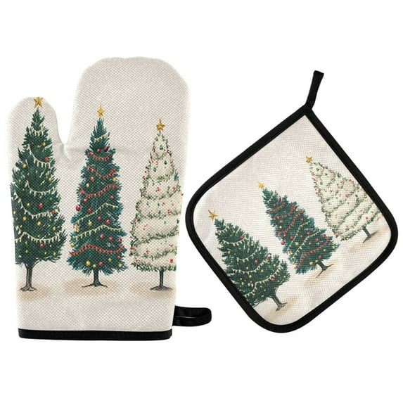 Yayeee Oven Mitts and Pot Holder Set of 4 Heat Resistant Kitchen Gloves Baking Hot Pad, Hand Drawn Christmas
