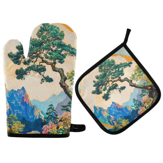 Yayeee Oven Mitts and Pot Holder Set of 4 Heat Resistant Kitchen Gloves Baking Hot Pad, Large Pine Tree
