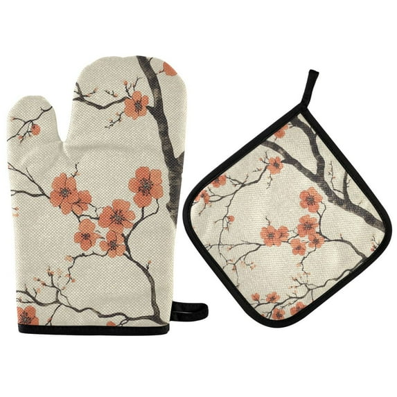 Yayeee Oven Mitts and Pot Holder Set of 4 Heat Resistant Kitchen Gloves Baking Hot Pad, Light Red Flowers