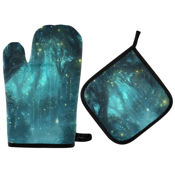 Yayeee Oven Mitts and Pot Holder Set of 4 Heat Resistant Kitchen Gloves Baking Hot Pad, Magical Forest