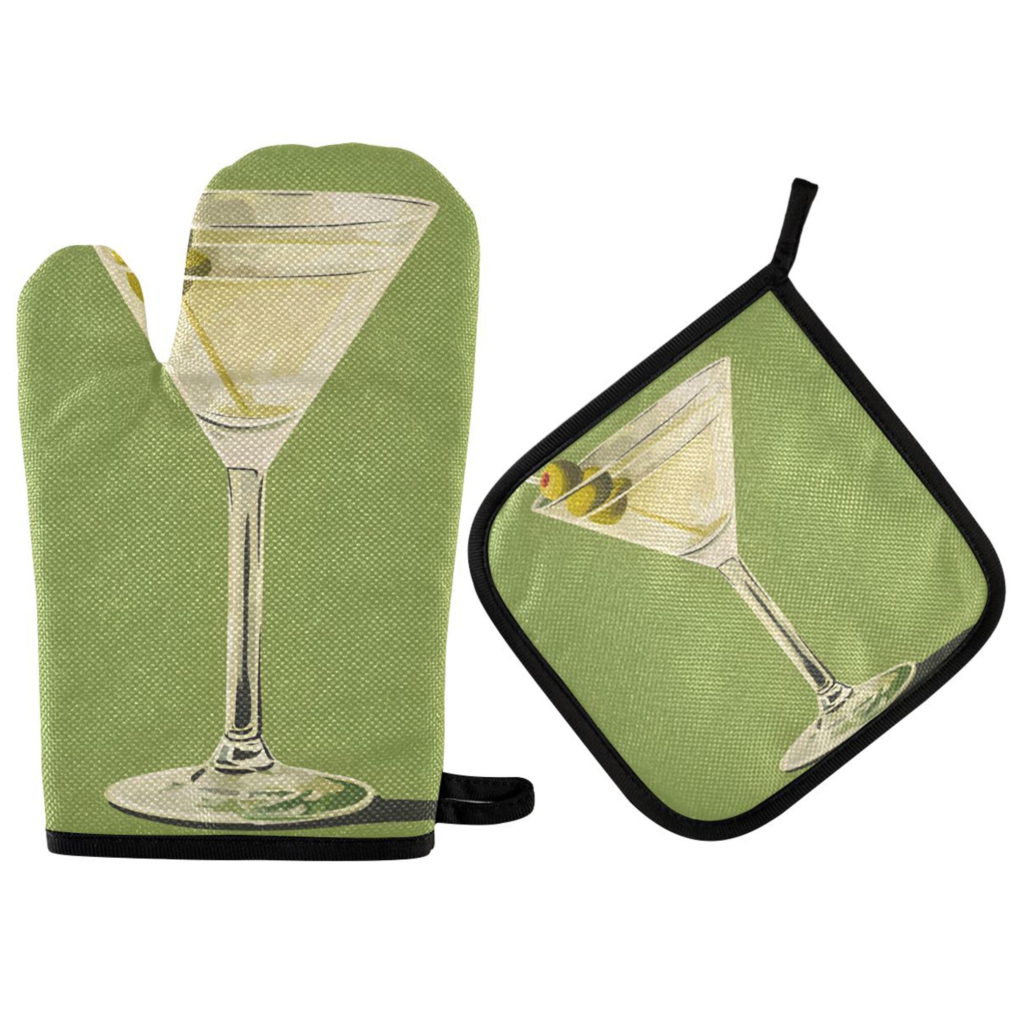 Yayeee Oven Mitts and Pot Holder Set of 4 Heat Resistant Kitchen Gloves Baking Hot Pad, Martini with Olive