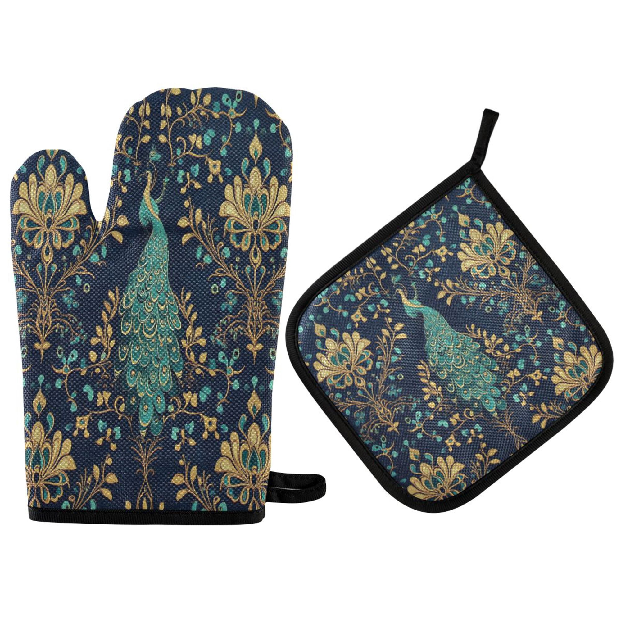 Yayeee Oven Mitts and Pot Holder Set of 4 Heat Resistant Kitchen Gloves Baking Hot Pad, Navy Blue Peacock Pattern