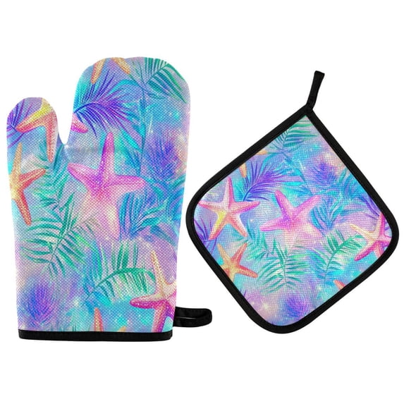Yayeee Oven Mitts and Pot Holder Set of 4 Heat Resistant Kitchen Gloves Baking Hot Pad, Neon Starfish Pattern