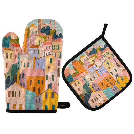 Yayeee Oven Mitts and Pot Holder Set of 4 Heat Resistant Kitchen Gloves Baking Hot Pad, Orange Cityscape Painting