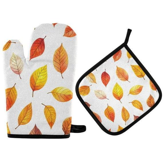 Yayeee Oven Mitts and Pot Holder Set of 4 Heat Resistant Kitchen Gloves Baking Hot Pad, Orange Leaves