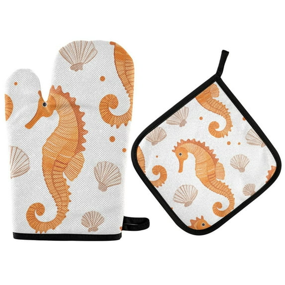 Yayeee Oven Mitts and Pot Holder Set of 4 Heat Resistant Kitchen Gloves Baking Hot Pad, Orange Seahorse