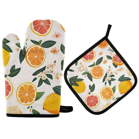 Yayeee Oven Mitts and Pot Holder Set of 4 Heat Resistant Kitchen Gloves Baking Hot Pad, Orange Slices