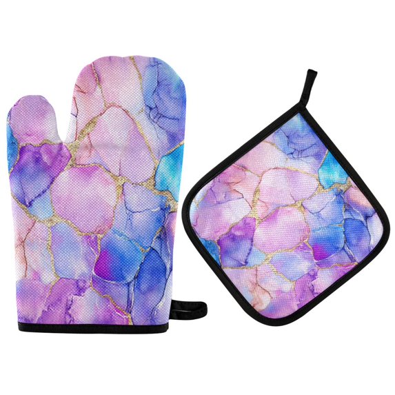 Yayeee Oven Mitts and Pot Holder Set of 4 Heat Resistant Kitchen Gloves Baking Hot Pad, Pastel Pink Marble Pattern