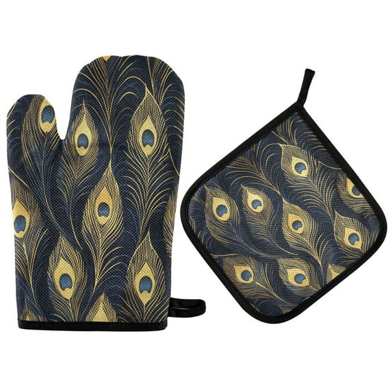 Yayeee Oven Mitts and Pot Holder Set of 4 Heat Resistant Kitchen Gloves Baking Hot Pad, Peacock Feathers Pattern