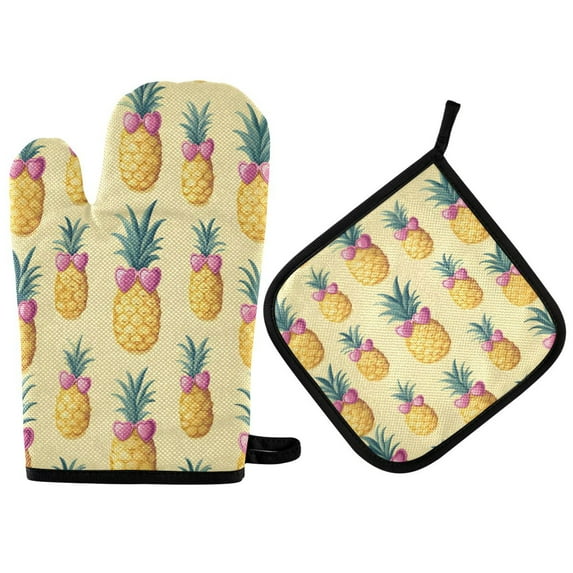 Yayeee Oven Mitts and Pot Holder Set of 4 Heat Resistant Kitchen Gloves Baking Hot Pad, Pineapple Love