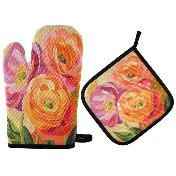 Yayeee Oven Mitts and Pot Holder Set of 4 Heat Resistant Kitchen Gloves Baking Hot Pad, Pink Abstract Floral