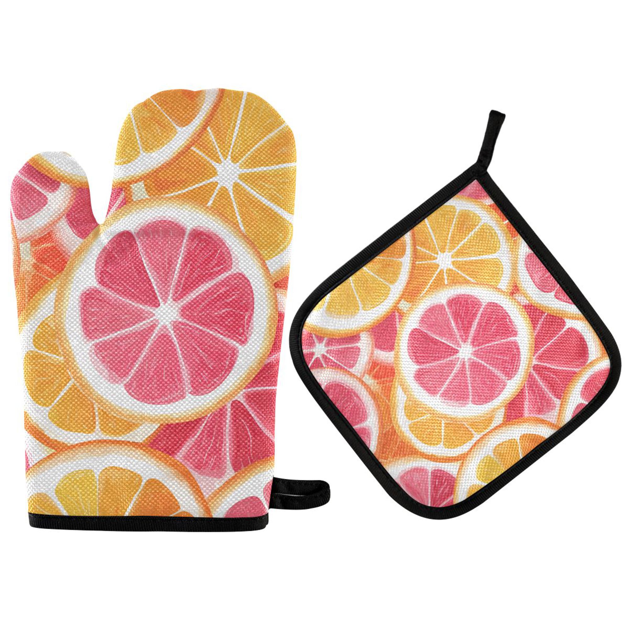 Yayeee Oven Mitts and Pot Holder Set of 4 Heat Resistant Kitchen Gloves Baking Hot Pad, Pink Grapefruit Slices