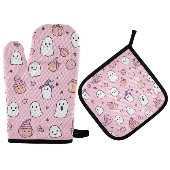 Yayeee Oven Mitts and Pot Holder Set of 4 Heat Resistant Kitchen Gloves Baking Hot Pad, Pink Halloween