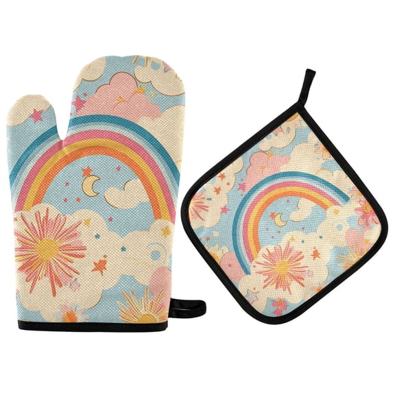 Yayeee Oven Mitts and Pot Holder Set of 4 Heat Resistant Kitchen Gloves Baking Hot Pad, Pink Retro Sun