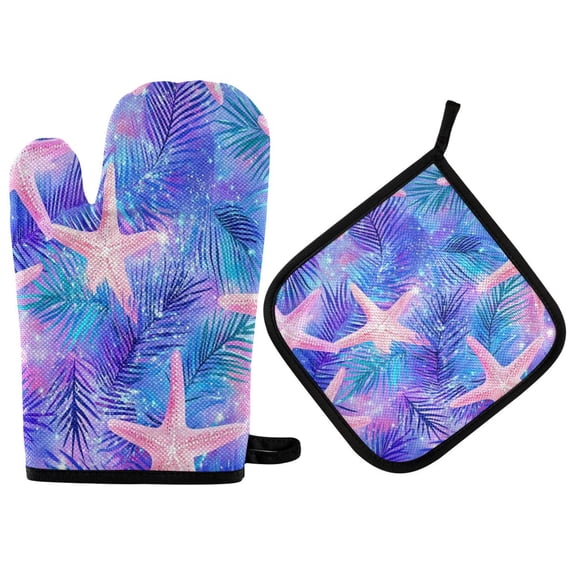 Yayeee Oven Mitts and Pot Holder Set of 4 Heat Resistant Kitchen Gloves Baking Hot Pad, Pink Starfish Pattern