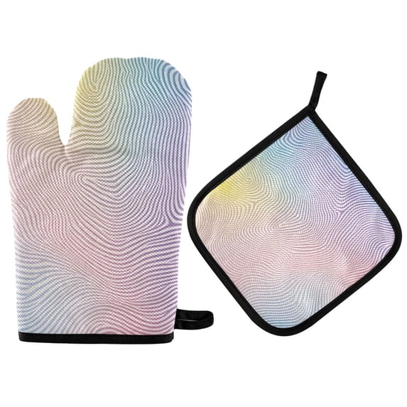Yayeee Oven Mitts and Pot Holder Set of 4 Heat Resistant Kitchen Gloves Baking Hot Pad, Pink Wavy Striped
