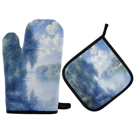 Yayeee Oven Mitts and Pot Holder Set of 4 Heat Resistant Kitchen Gloves Baking Hot Pad, Plants and River