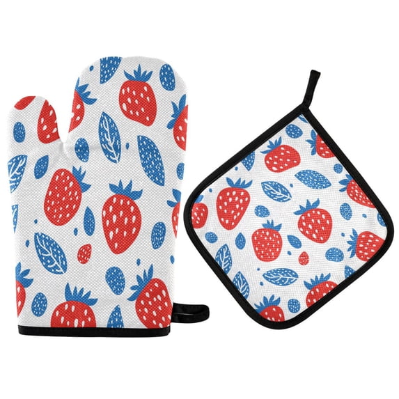 Yayeee Oven Mitts and Pot Holder Set of 4 Heat Resistant Kitchen Gloves Baking Hot Pad, Playful Strawberries