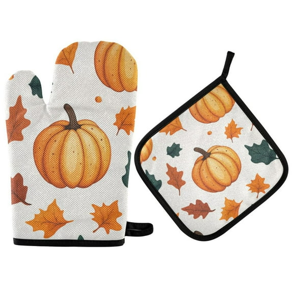 Yayeee Oven Mitts and Pot Holder Set of 4 Heat Resistant Kitchen Gloves Baking Hot Pad, Pumpkins Pattern