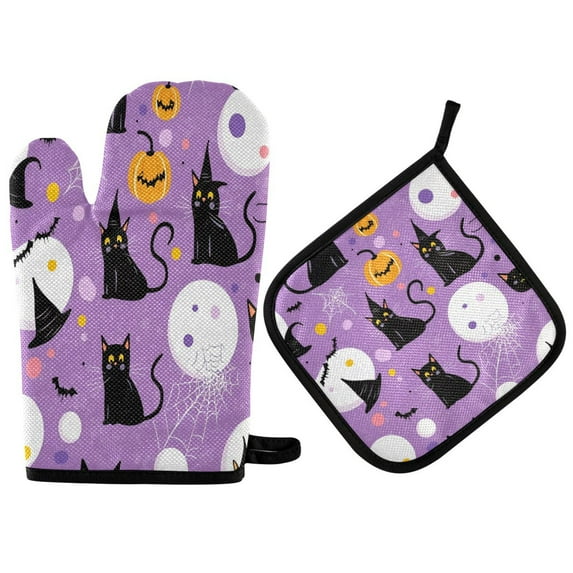 Yayeee Oven Mitts and Pot Holder Set of 4 Heat Resistant Kitchen Gloves Baking Hot Pad, Purple Halloween Pattern