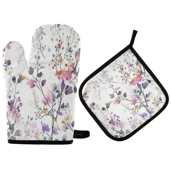Yayeee Oven Mitts and Pot Holder Set of 4 Heat Resistant Kitchen Gloves Baking Hot Pad, Purple Wildflowers