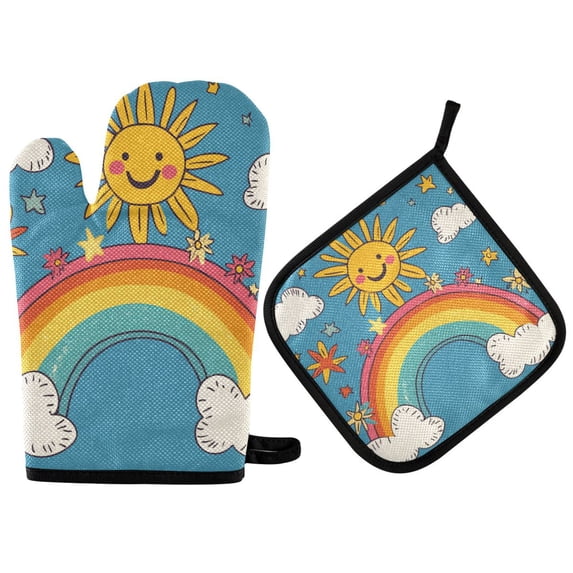 Yayeee Oven Mitts and Pot Holder Set of 4 Heat Resistant Kitchen Gloves Baking Hot Pad, Rainbow with Stars