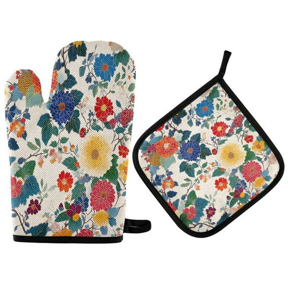 Yayeee Oven Mitts and Pot Holder Set of 4 Heat Resistant Kitchen Gloves Baking Hot Pad, Red Japanese Floral Pattern