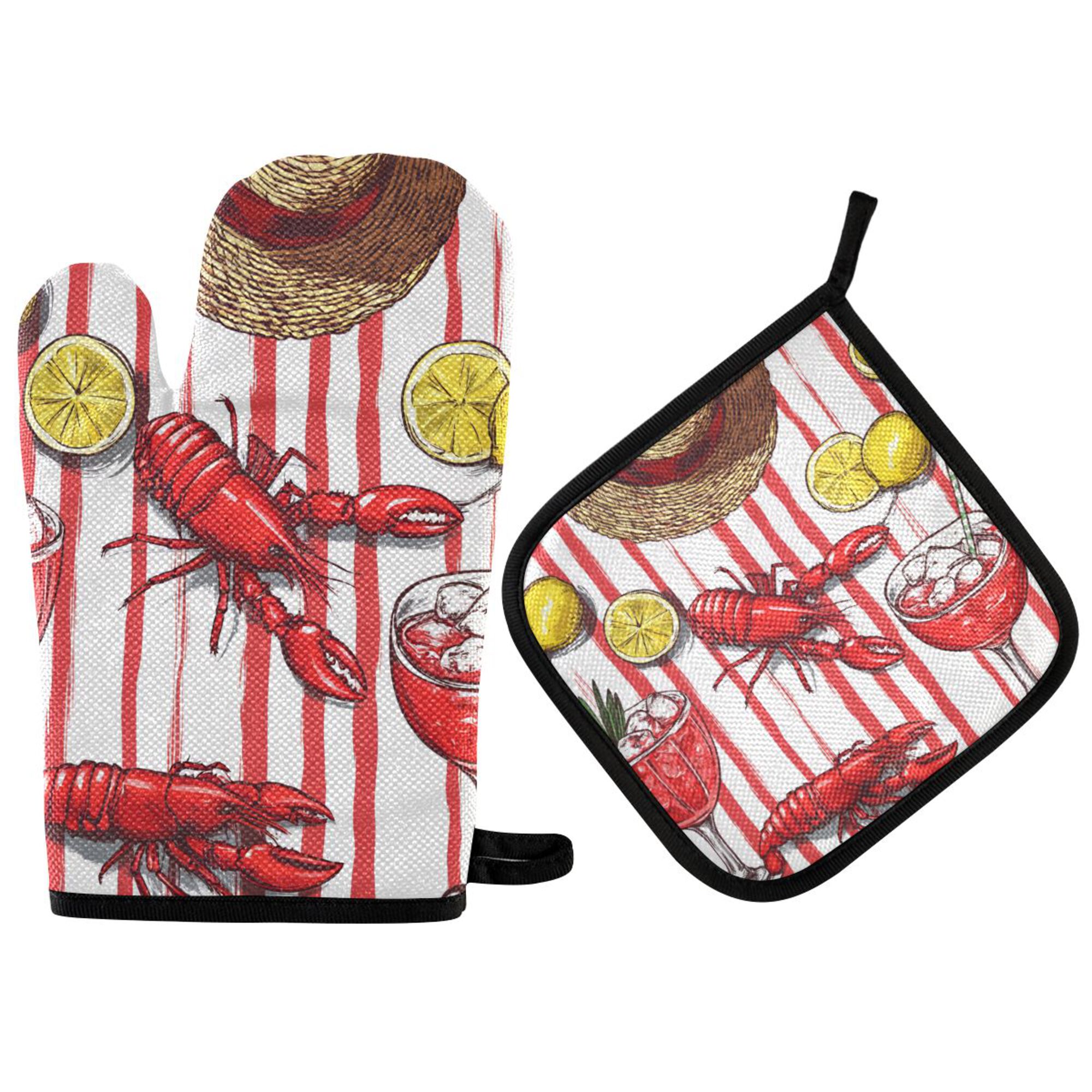 Yayeee Oven Mitts and Pot Holder Set of 4 Heat Resistant Kitchen Gloves Baking Hot Pad, Red Lobster