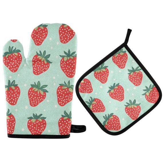 Yayeee Oven Mitts and Pot Holder Set of 4 Heat Resistant Kitchen Gloves Baking Hot Pad, Red Strawberry