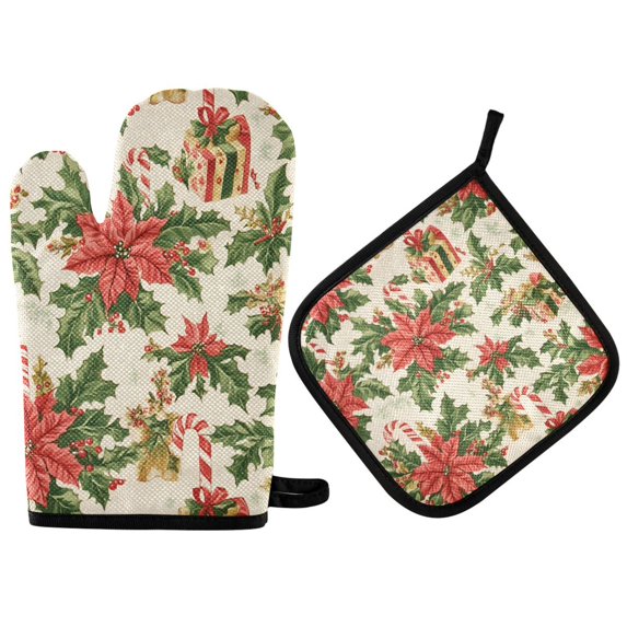 Yayeee Oven Mitts and Pot Holder Set of 4 Heat Resistant Kitchen Gloves Baking Hot Pad, Retro Christmas Holly