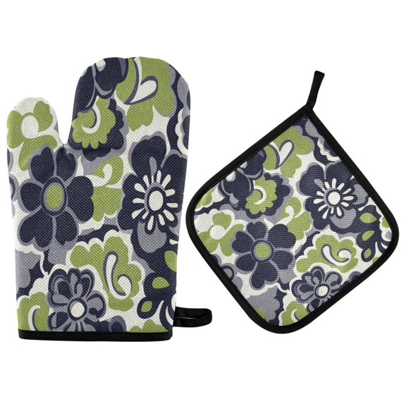 Yayeee Oven Mitts and Pot Holder Set of 4 Heat Resistant Kitchen Gloves Baking Hot Pad, Retro Floral Pattern
