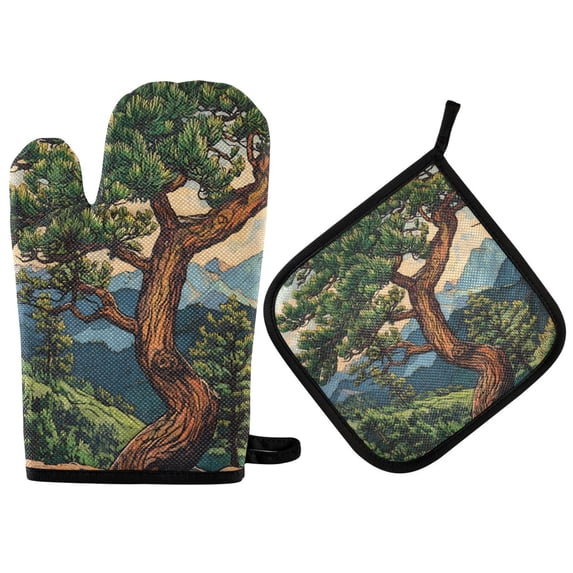 Yayeee Oven Mitts and Pot Holder Set of 4 Heat Resistant Kitchen Gloves Baking Hot Pad, Retro Pine Tree