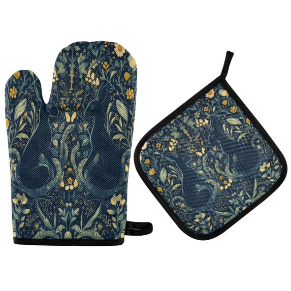 Yayeee Oven Mitts and Pot Holder Set of 4 Heat Resistant Kitchen Gloves Baking Hot Pad, Shadowy Forest Pattern